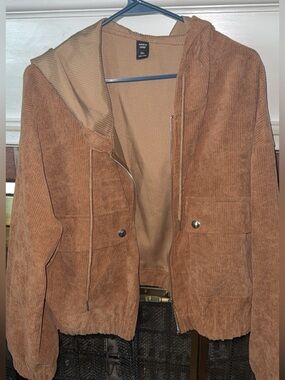 SHEIN Brown Corduroy Hooded Bomber Jacket
